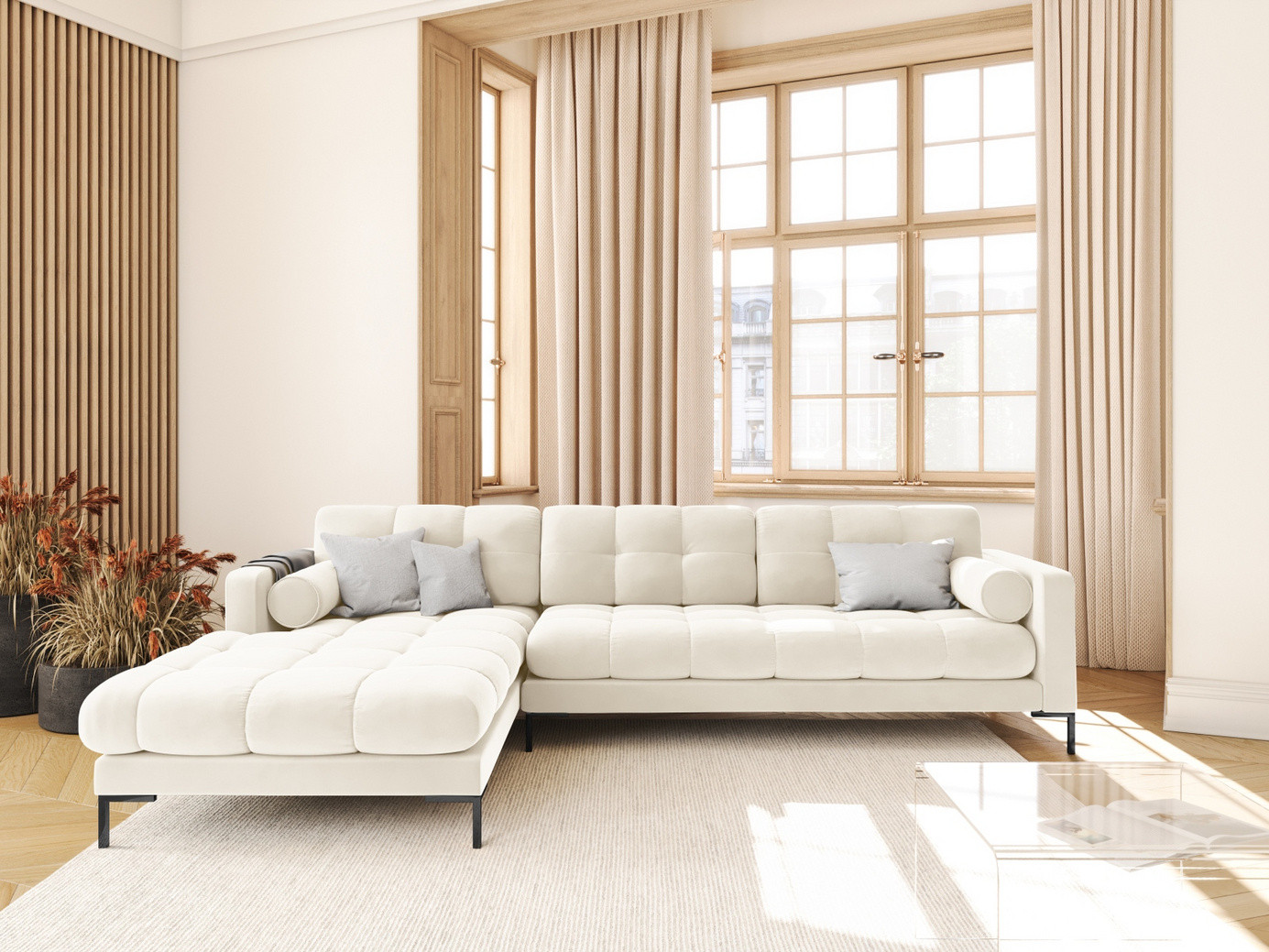 Cosmopolitan Design venstrevendt velourhjørnesofa, "Bali", 5-personers, 293 × 185 × 75 cm, Bluvel, sorte metalben