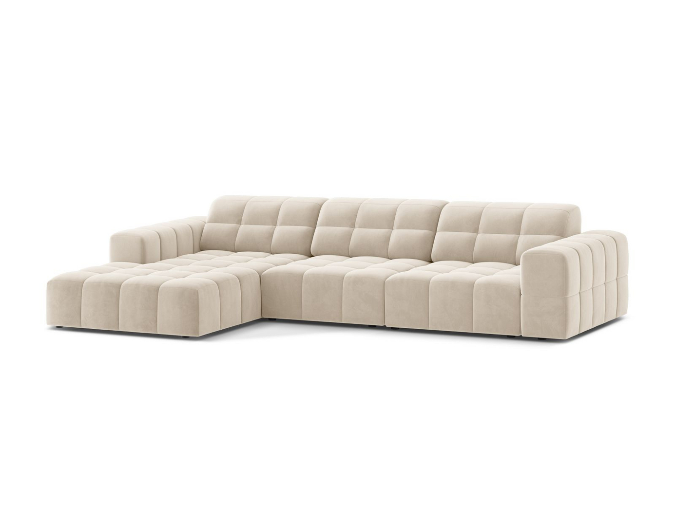 Cosmopolitan Design venstrevendt velourhjørnesofa, "Chicago", 4-personers, 294 × 167 × 78 cm, Bluvel, sorte plastben