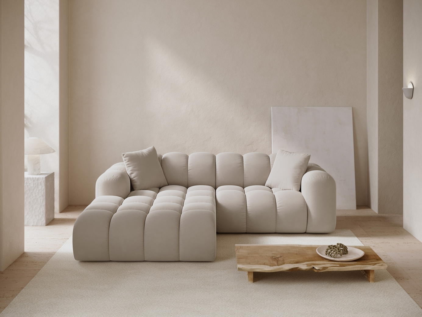 Cosmopolitan Design venstrevendt velourhjørnesofa, "Treno", 3-personers, 240 × 184 × 70 cm, Bluvel, sorte plastben