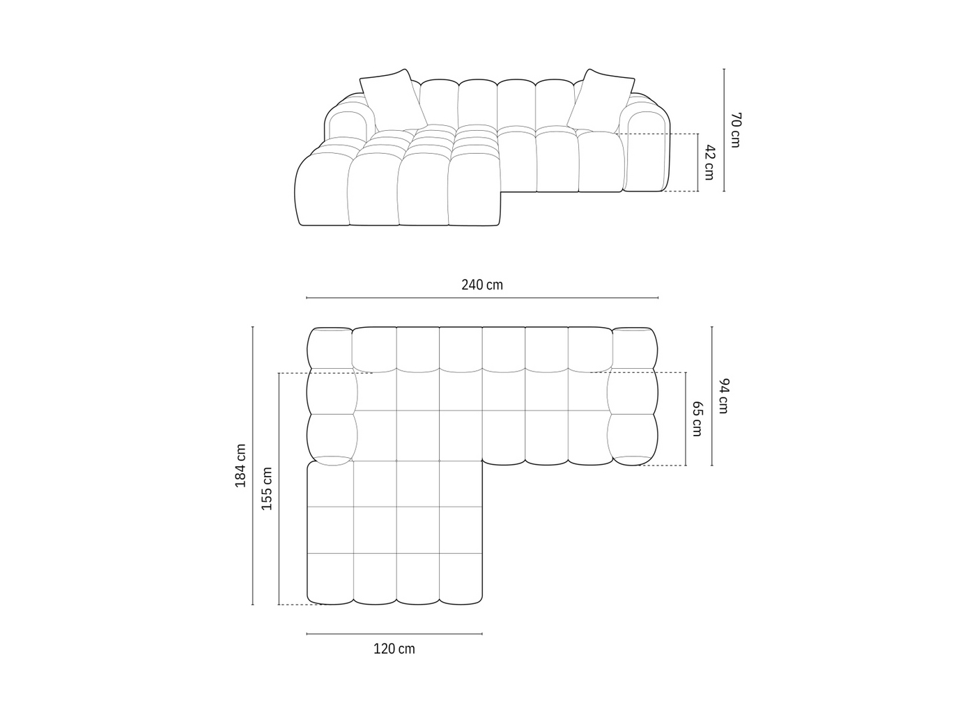 Cosmopolitan Design venstrevendt velourhjørnesofa, "Treno", 3-personers, 240 × 184 × 70 cm, Bluvel, sorte plastben