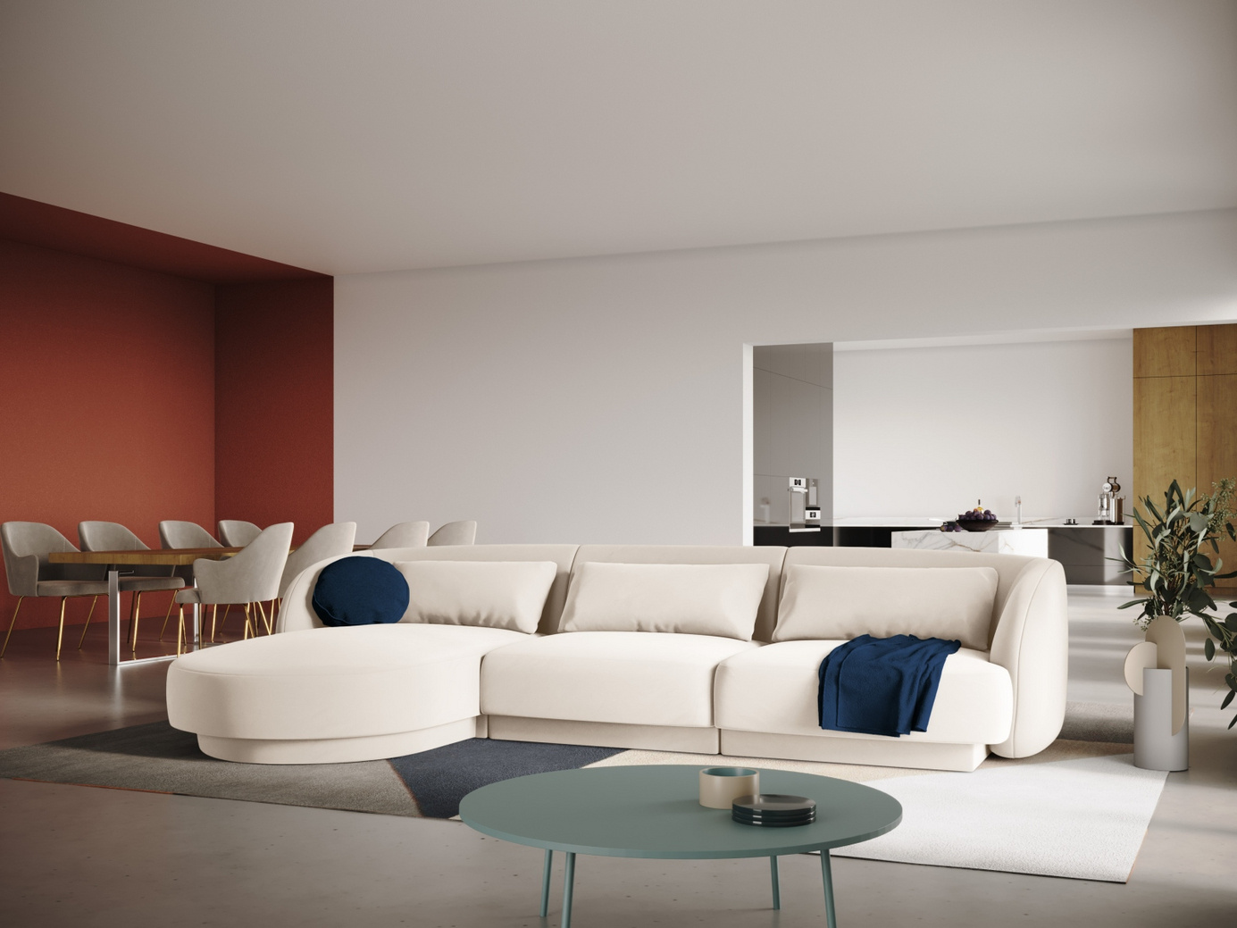 Cosmopolitan Design venstrevendt velourhjørnesofa, "Tulum", 4-personers, 255 × 156 × 70 cm, Bluvel, sorte plastben