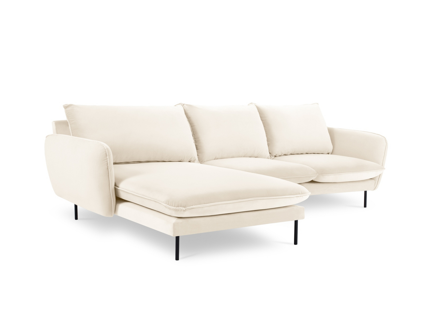 Cosmopolitan Design venstrevendt velourhjørnesofa, "Vienna", 5-personers, 255 × 170 × 95 cm, Bluvel, sorte metalben