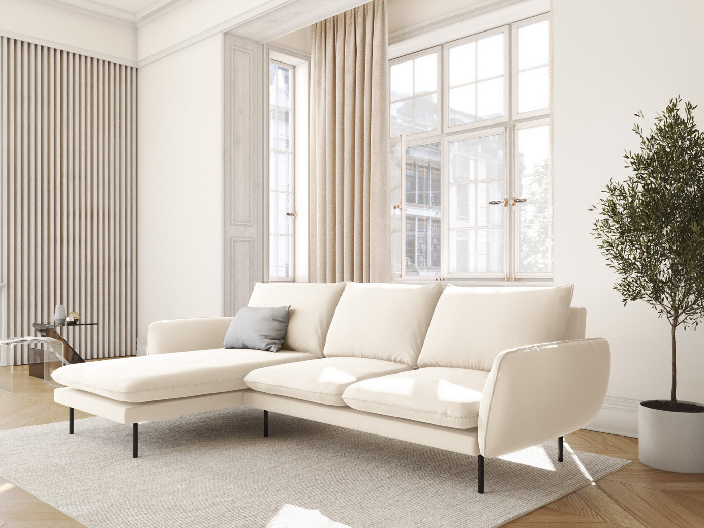 Cosmopolitan Design venstrevendt velourhjørnesofa, "Vienna", 5-personers, 255 × 170 × 95 cm, Bluvel, sorte metalben