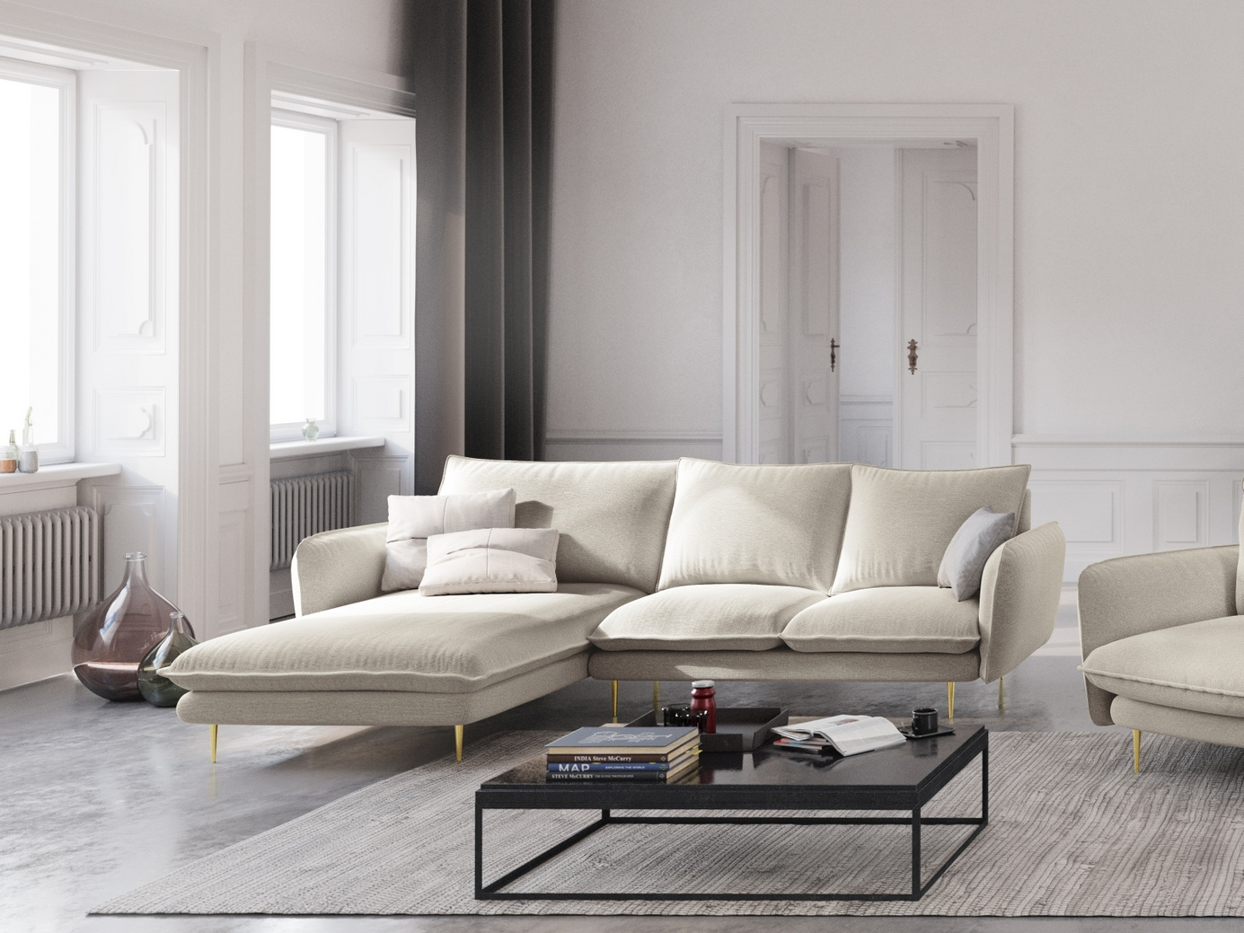 Cosmopolitan Design venstrevendt hjørnesofa, "Vienna", 5-personers, 255 × 170 × 95 cm, Positano, guldfarvede metalben