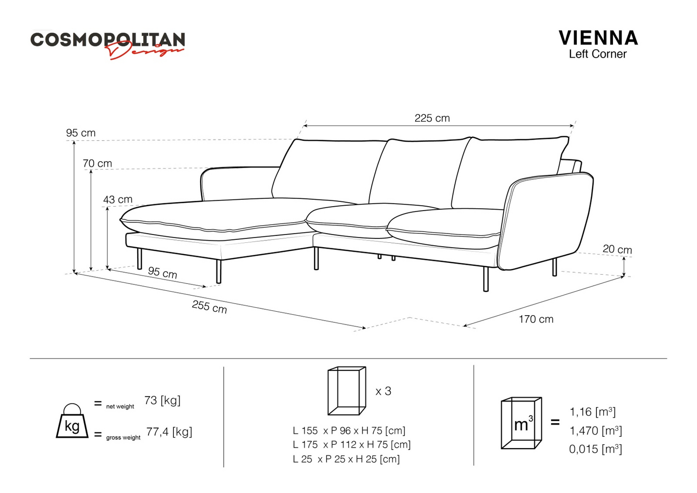 Cosmopolitan Design venstrevendt hjørnesofa, "Vienna", 5-personers, 255 × 170 × 95 cm, Positano, guldfarvede metalben