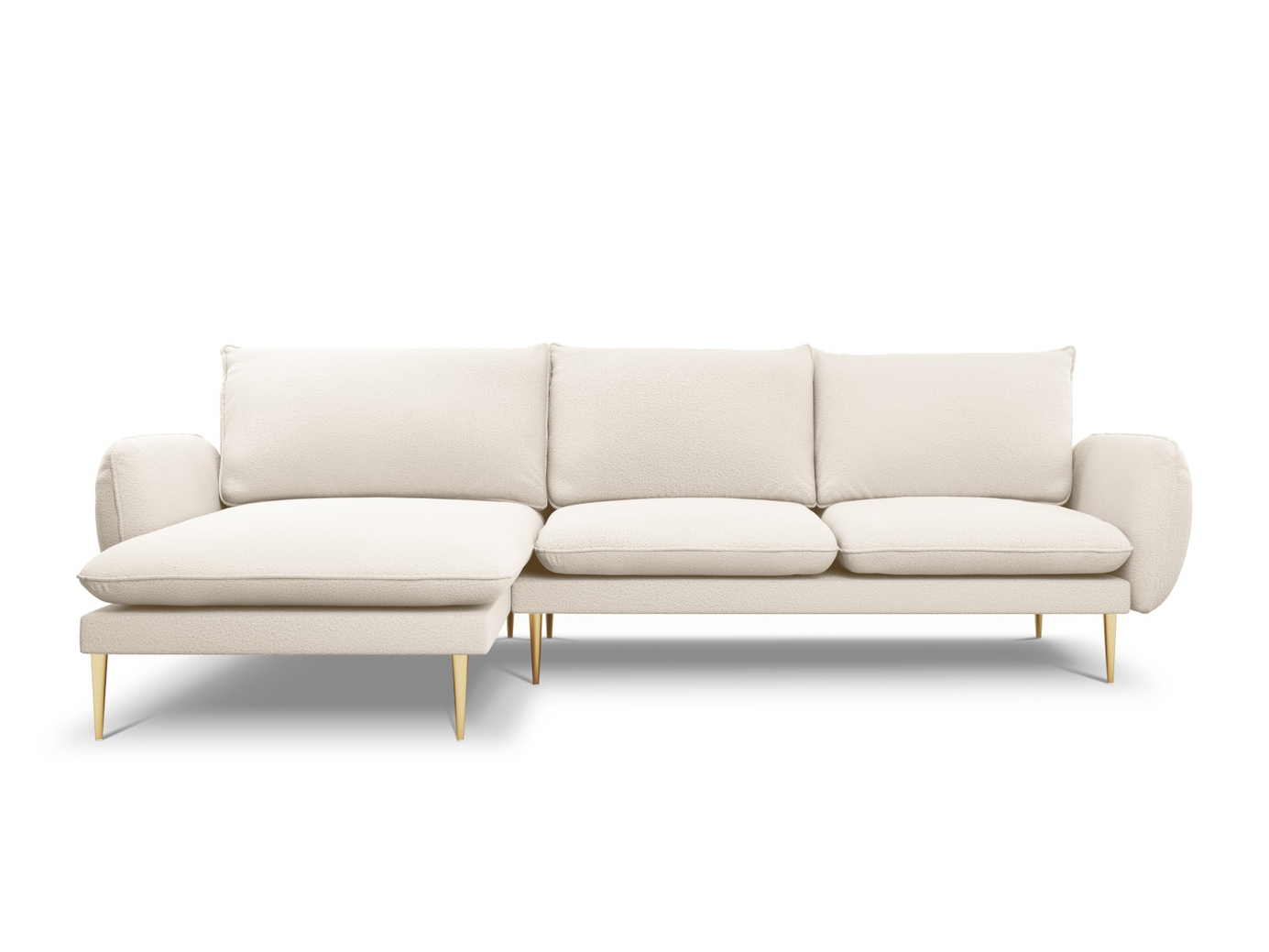 Cosmopolitan Design venstrevendt bouclé-hjørnesofa, "Vienna", 5-personers, 255 × 170 × 95 cm, Ascot, guldfarvede metalben