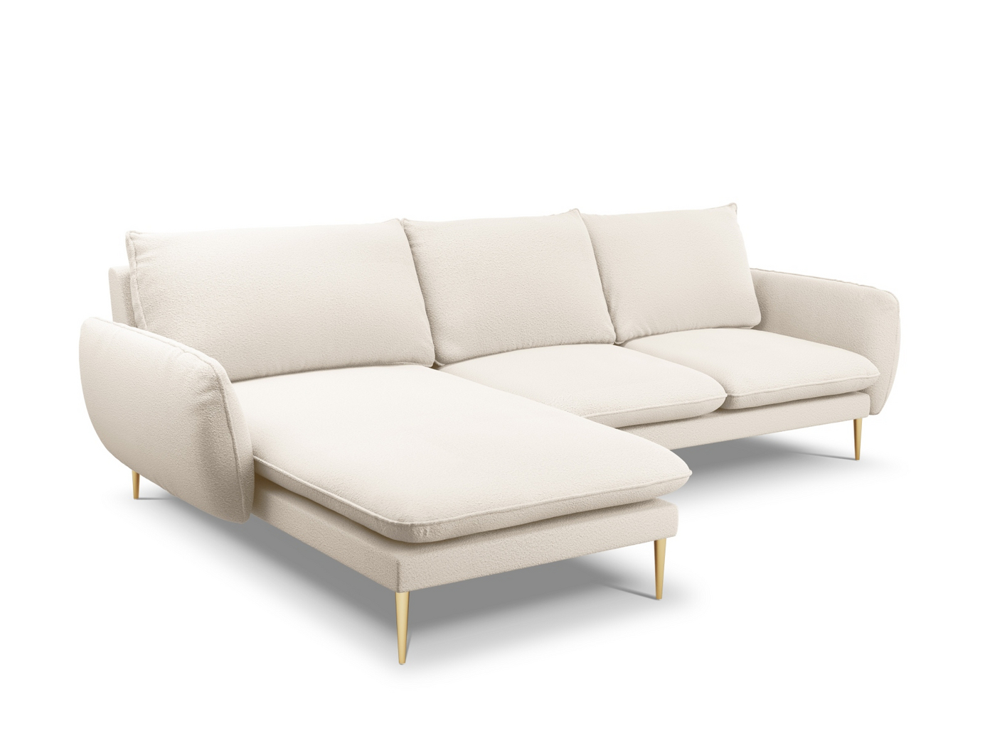 Cosmopolitan Design venstrevendt bouclé-hjørnesofa, "Vienna", 5-personers, 255 × 170 × 95 cm, Ascot, guldfarvede metalben