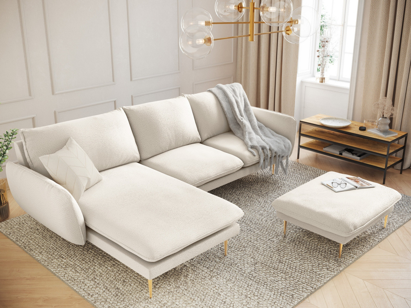 Cosmopolitan Design venstrevendt bouclé-hjørnesofa, "Vienna", 5-personers, 255 × 170 × 95 cm, Ascot, guldfarvede metalben