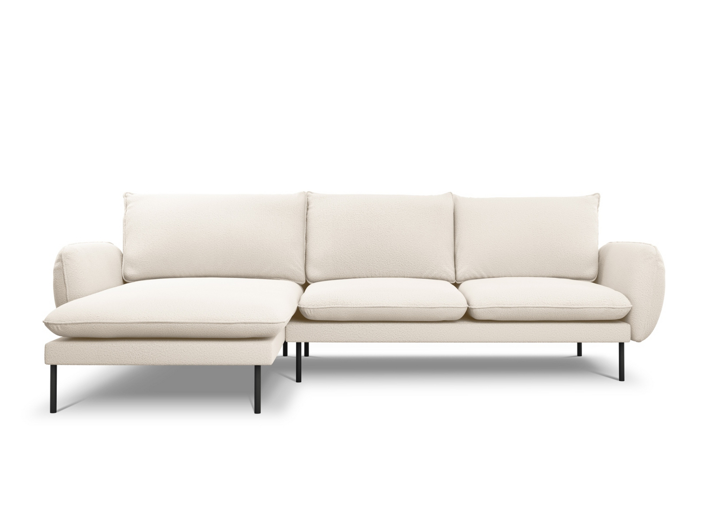 Cosmopolitan Design venstrevendt bouclé-hjørnesofa, "Vienna", 5-personers, 255 × 170 × 95 cm, Ascot, sorte metalben