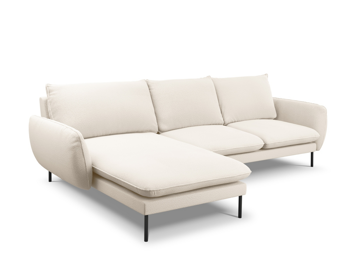 Cosmopolitan Design venstrevendt bouclé-hjørnesofa, "Vienna", 5-personers, 255 × 170 × 95 cm, Ascot, sorte metalben