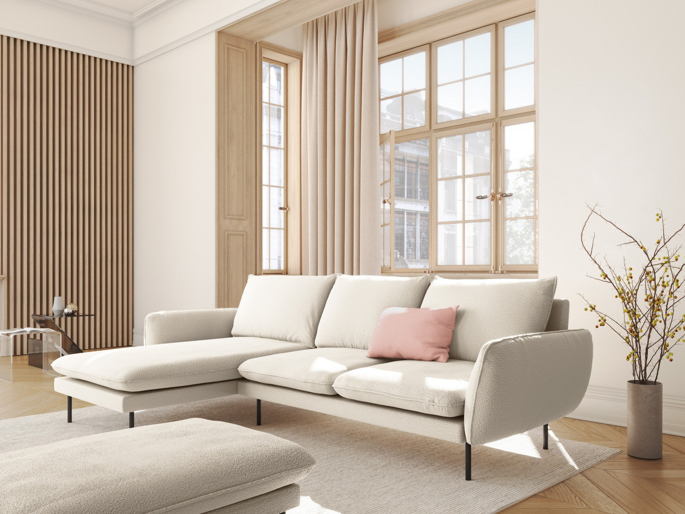 Cosmopolitan Design venstrevendt bouclé-hjørnesofa, "Vienna", 5-personers, 255 × 170 × 95 cm, Ascot, sorte metalben