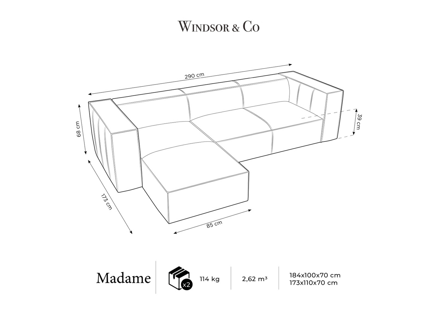 Cosmopolitan Design venstrevendt ægte læder hjørnesofa, "Turin", 5-personers, 290 × 173 × 68 cm, Granada, ben i sort bøg