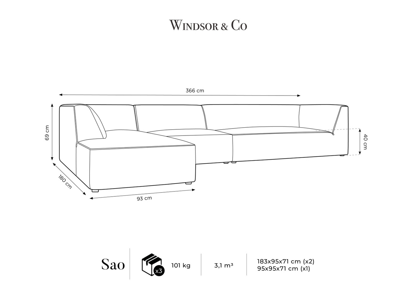Cosmopolitan Design venstrevendt modulhjørnesofa, "Siena", 5-personers, 366 × 180 × 69 cm, Scala, sorte plastben
