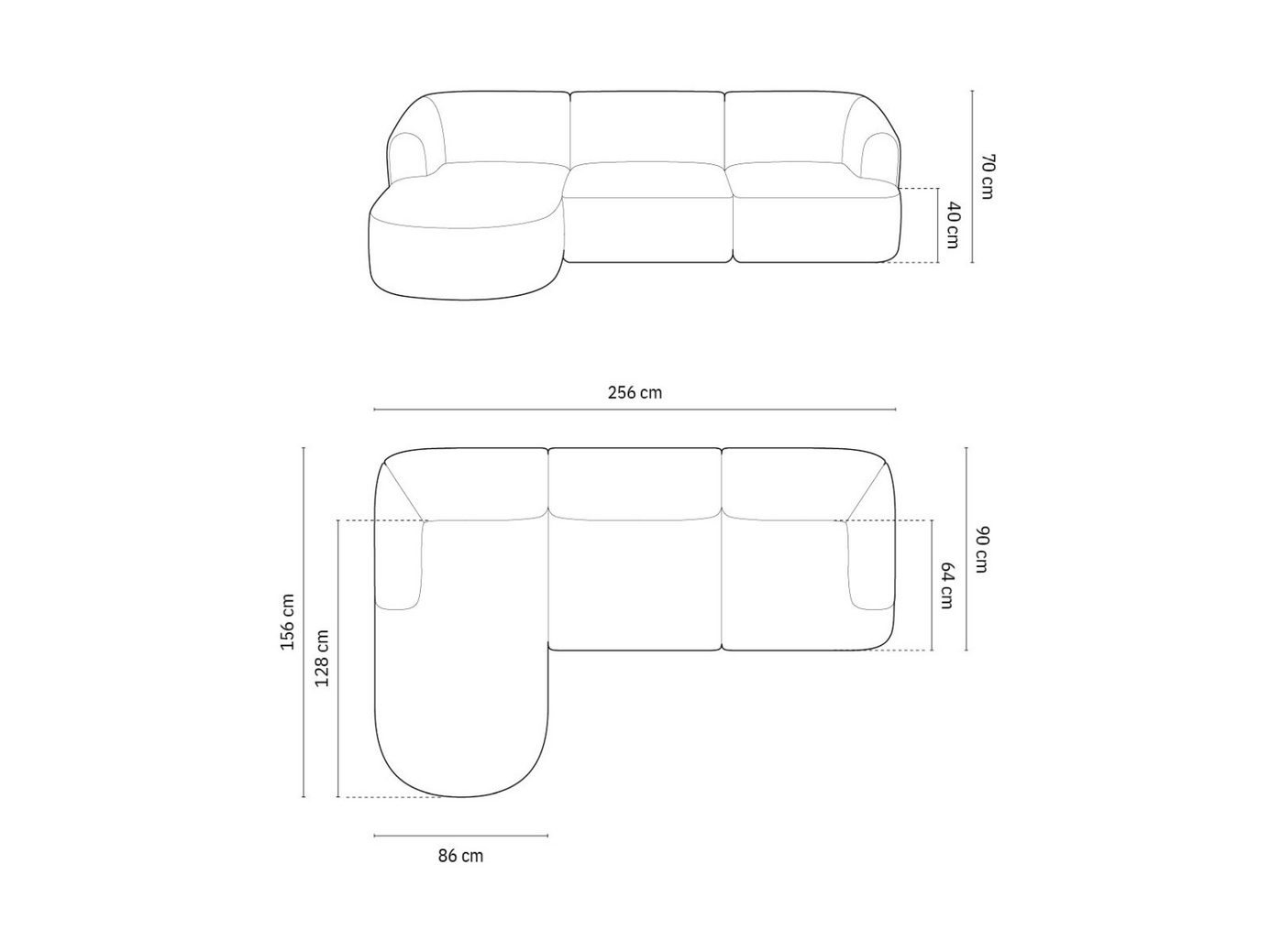 Cosmopolitan Design venstrevendt modulhjørnesofa, "Campi", 4-personers, 256 × 156 × 70 cm, Moly, sorte plastben