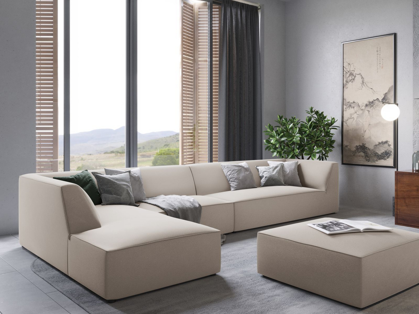 Cosmopolitan Design venstrevendt velourmodulhjørnesofa, "Siena", 5-personers, 366 × 180 × 69 cm, Salvador, sorte plastben, Variant LC_L_44