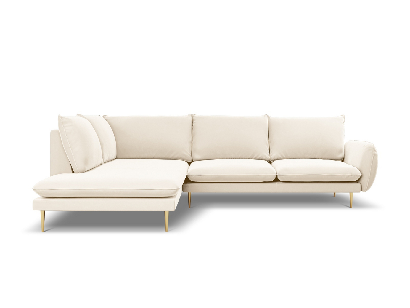 Cosmopolitan Design venstrevendt velourhjørnesofa, "Vienna", 6-personers, 275 × 185 × 95 cm, Bluvel, guldfarvede metalben