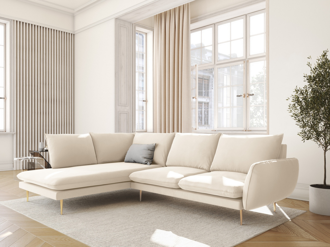 Cosmopolitan Design venstrevendt velourhjørnesofa, "Vienna", 6-personers, 275 × 185 × 95 cm, Bluvel, guldfarvede metalben
