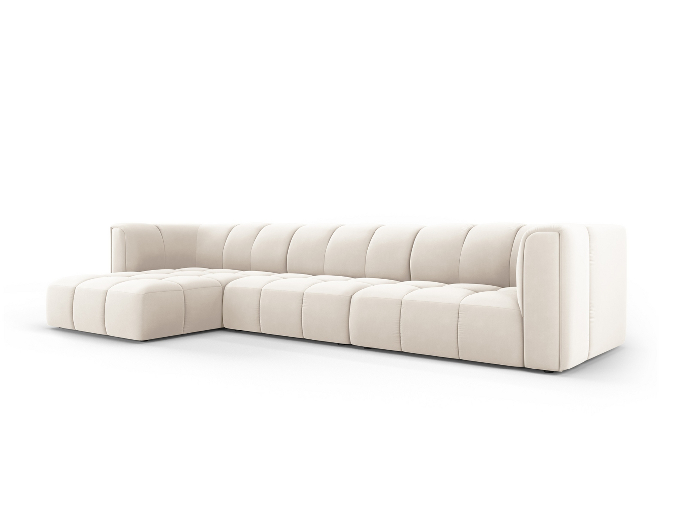 Cosmopolitan Design venstrevendt velourmodulhjørnesofa, "Moritz", 5-personers, 316 × 160 × 70 cm, Bluvel, sorte plastben