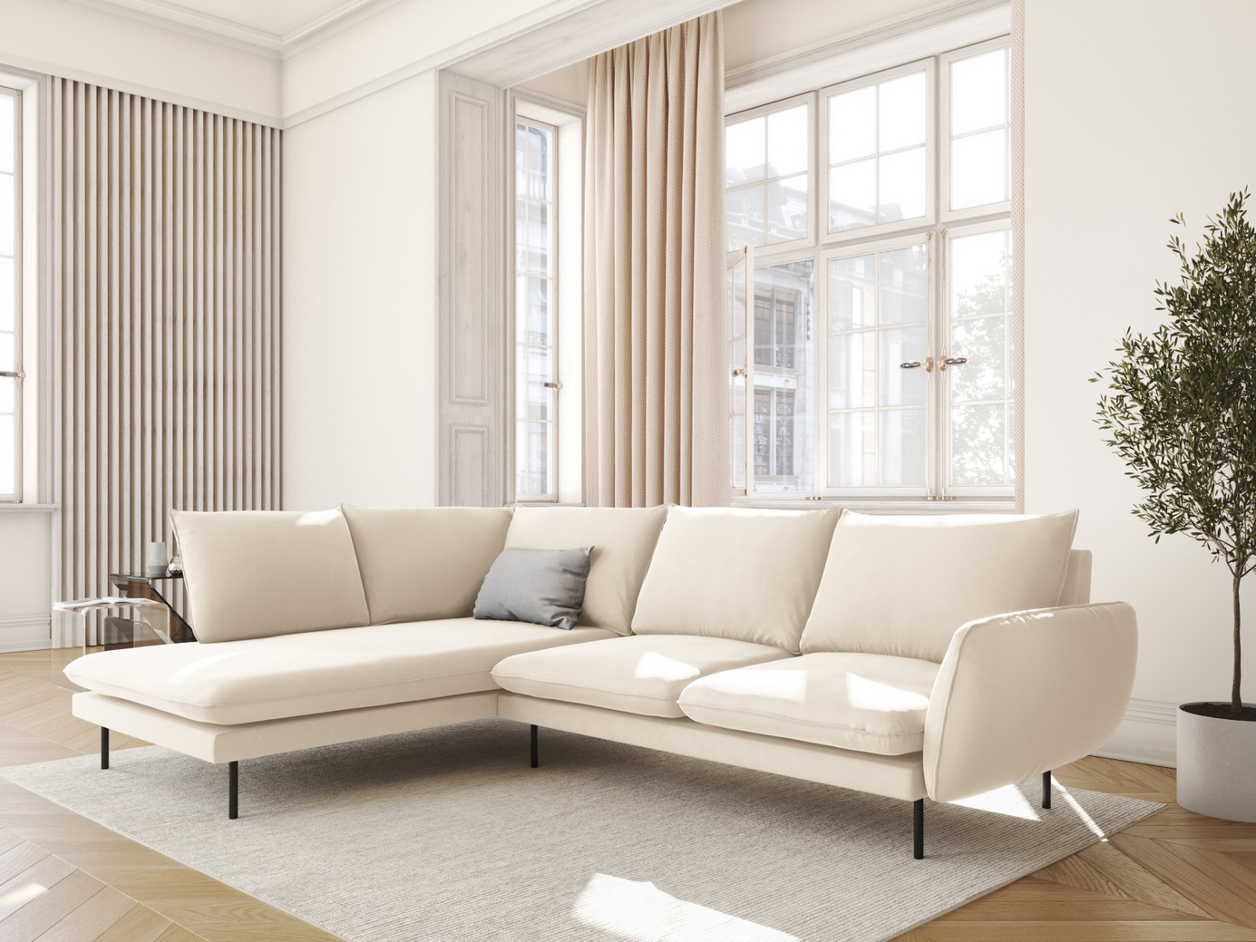 Cosmopolitan Design venstrevendt velourhjørnesofa, "Vienna", 6-personers, 275 × 185 × 95 cm, Bluvel, sorte metalben