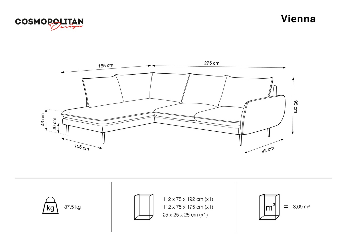 Cosmopolitan Design venstrevendt hjørnesofa, "Vienna", 6-personers, 275 × 185 × 95 cm, Positano, guldfarvede metalben