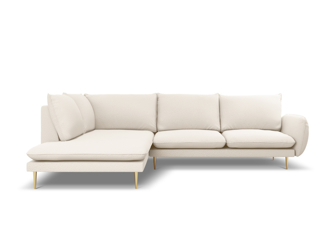 Cosmopolitan Design venstrevendt bouclé-hjørnesofa, "Vienna", 6-personers, 275 × 185 × 95 cm, Ascot, guldfarvede metalben
