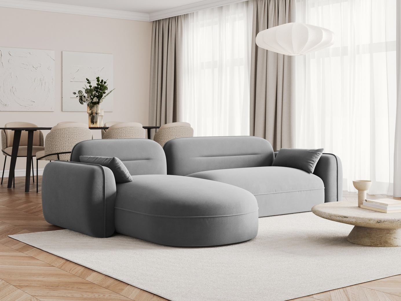 Cosmopolitan Design venstrevendt velourmodulhjørnesofa, "Sydney", 4-personers, 275 × 165 × 70 cm, Casino, sorte plastben