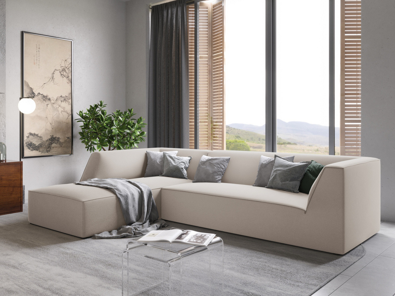 Cosmopolitan Design venstrevendt velourmodulhjørnesofa, "Siena", 4-personers, 273 × 180 × 69 cm, Salvador, sorte plastben, Variant LC_M_44