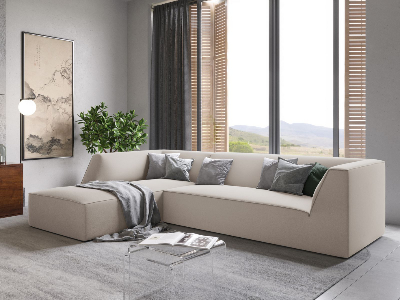 Cosmopolitan Design venstrevendt velourmodulhjørnesofa, "Siena", 4-personers, 273 × 180 × 69 cm, Salvador, sorte plastben, Variant LC_M_44