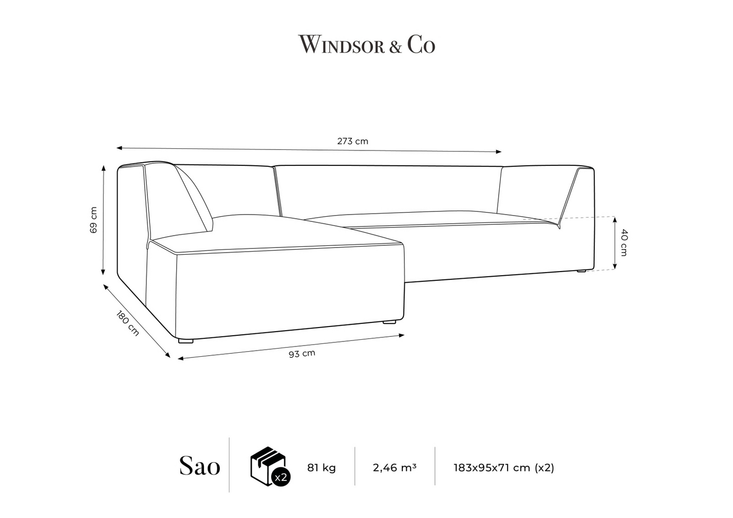 Cosmopolitan Design venstrevendt velourmodulhjørnesofa, "Siena", 4-personers, 273 × 180 × 69 cm, Salvador, sorte plastben, Variant LC_M_44
