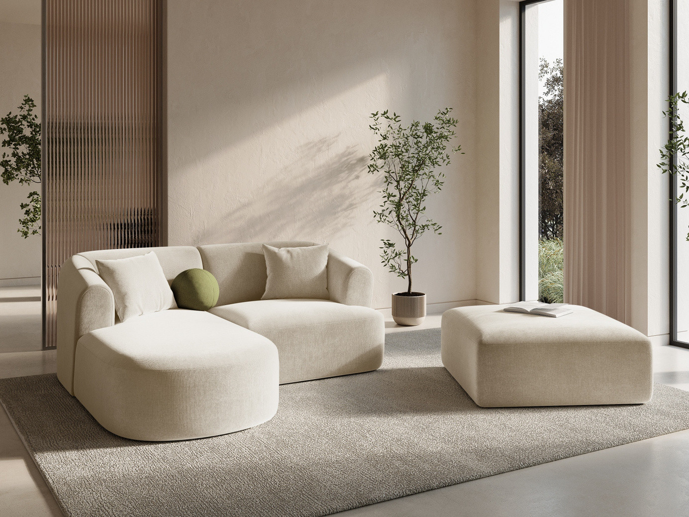 Cosmopolitan Design venstrevendt velourmodulhjørnesofa, "Campi", 3-personers, 180 × 156 × 70 cm, Vogue, sorte plastben