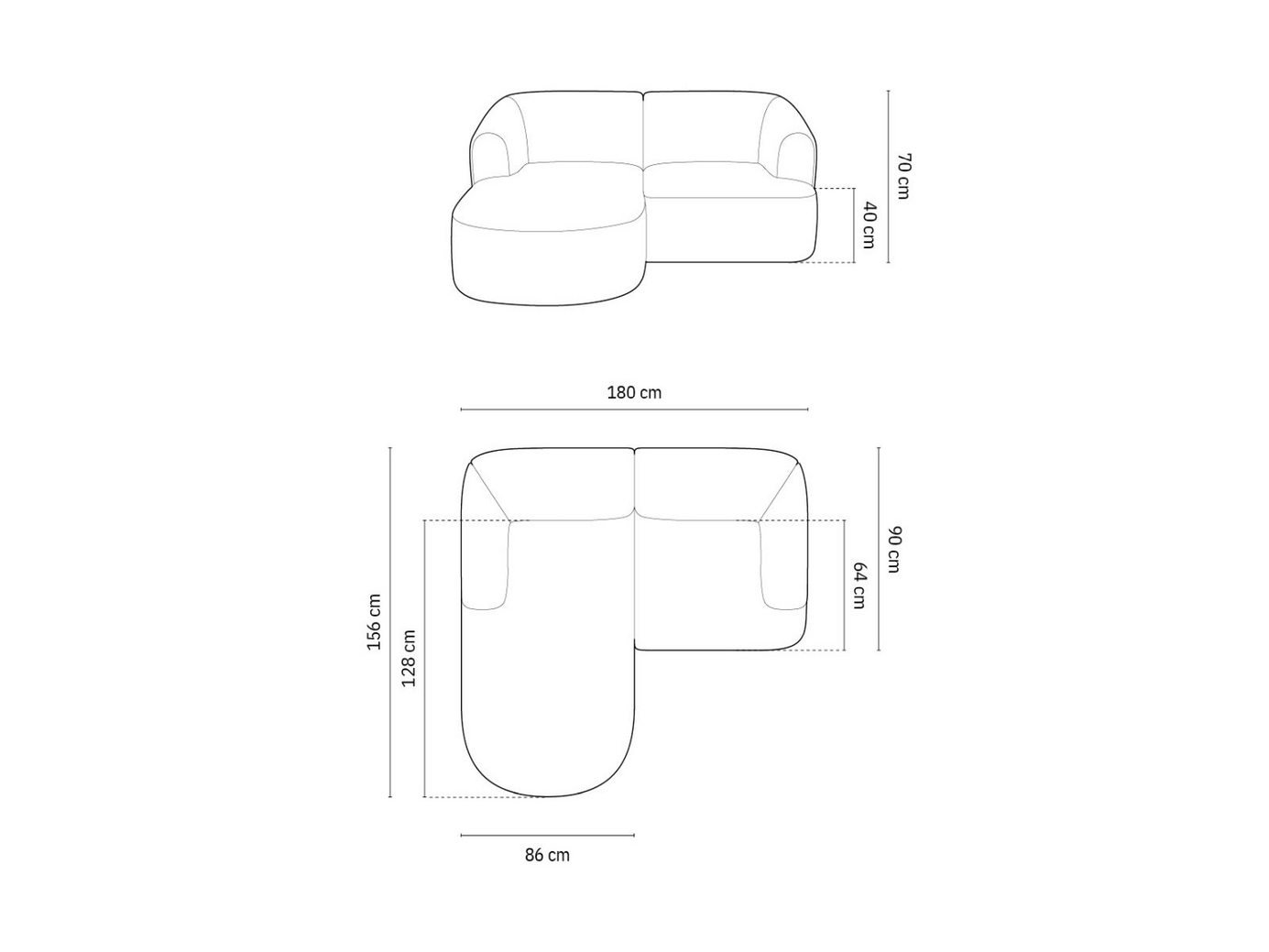 Cosmopolitan Design venstrevendt modulhjørnesofa, "Campi", 3-personers, 180 × 156 × 70 cm, Moly, sorte plastben