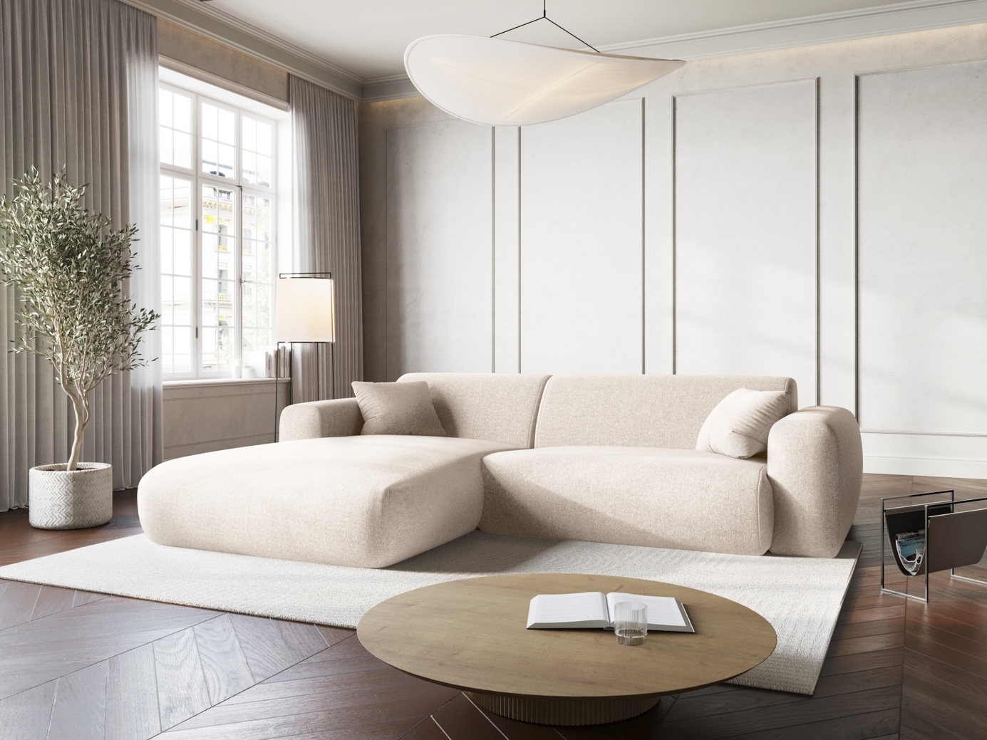 Cosmopolitan Design venstrevendt hjørnesofa, "Nolio", 4-personers, 235 × 170 × 72 cm, Haga, sorte plastben