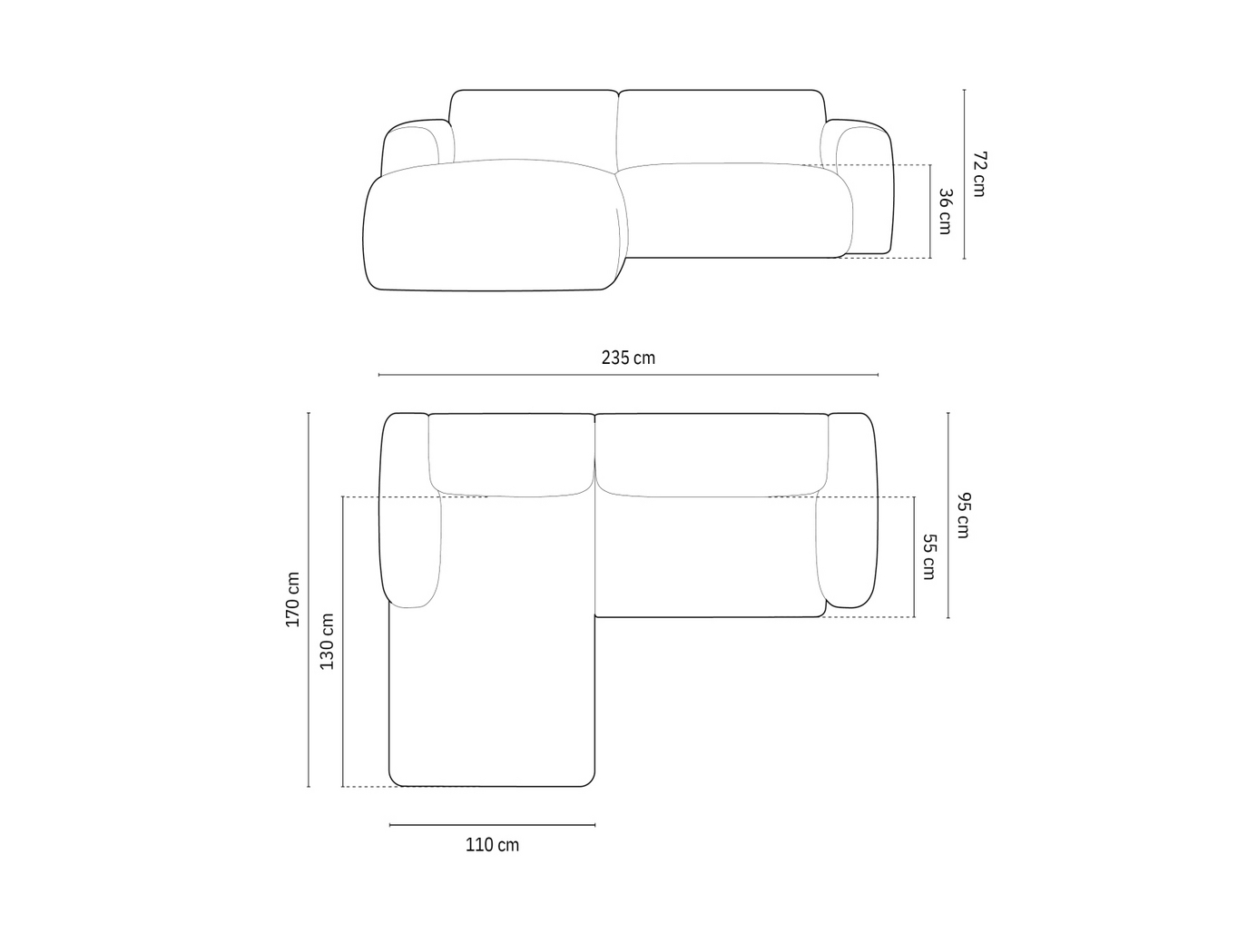Cosmopolitan Design venstrevendt hjørnesofa, "Nolio", 4-personers, 235 × 170 × 72 cm, Haga, sorte plastben