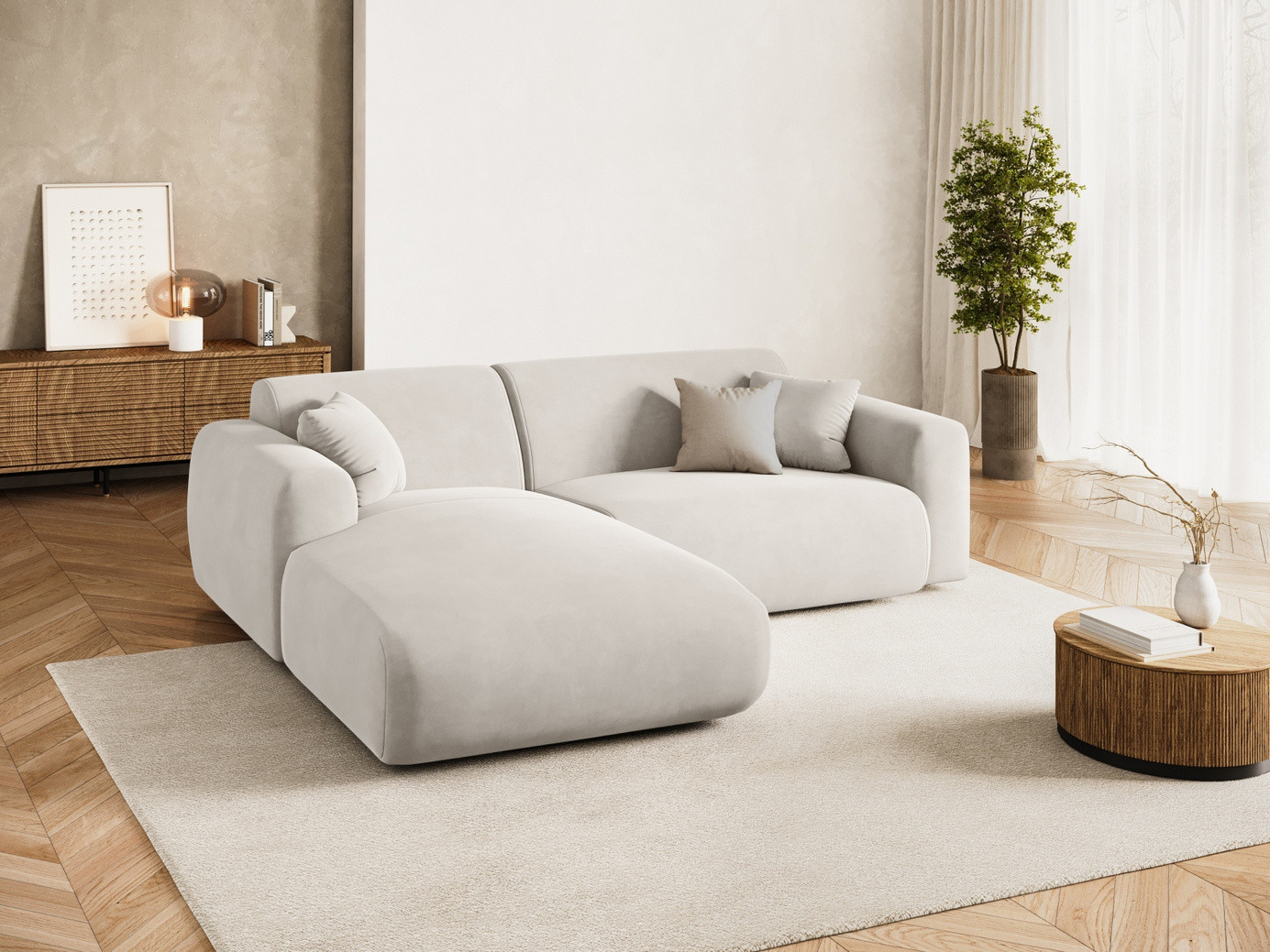 Cosmopolitan Design venstrevendt velourhjørnesofa, "Nolio", 4-personers, 235 × 170 × 72 cm, Casino, sorte plastben