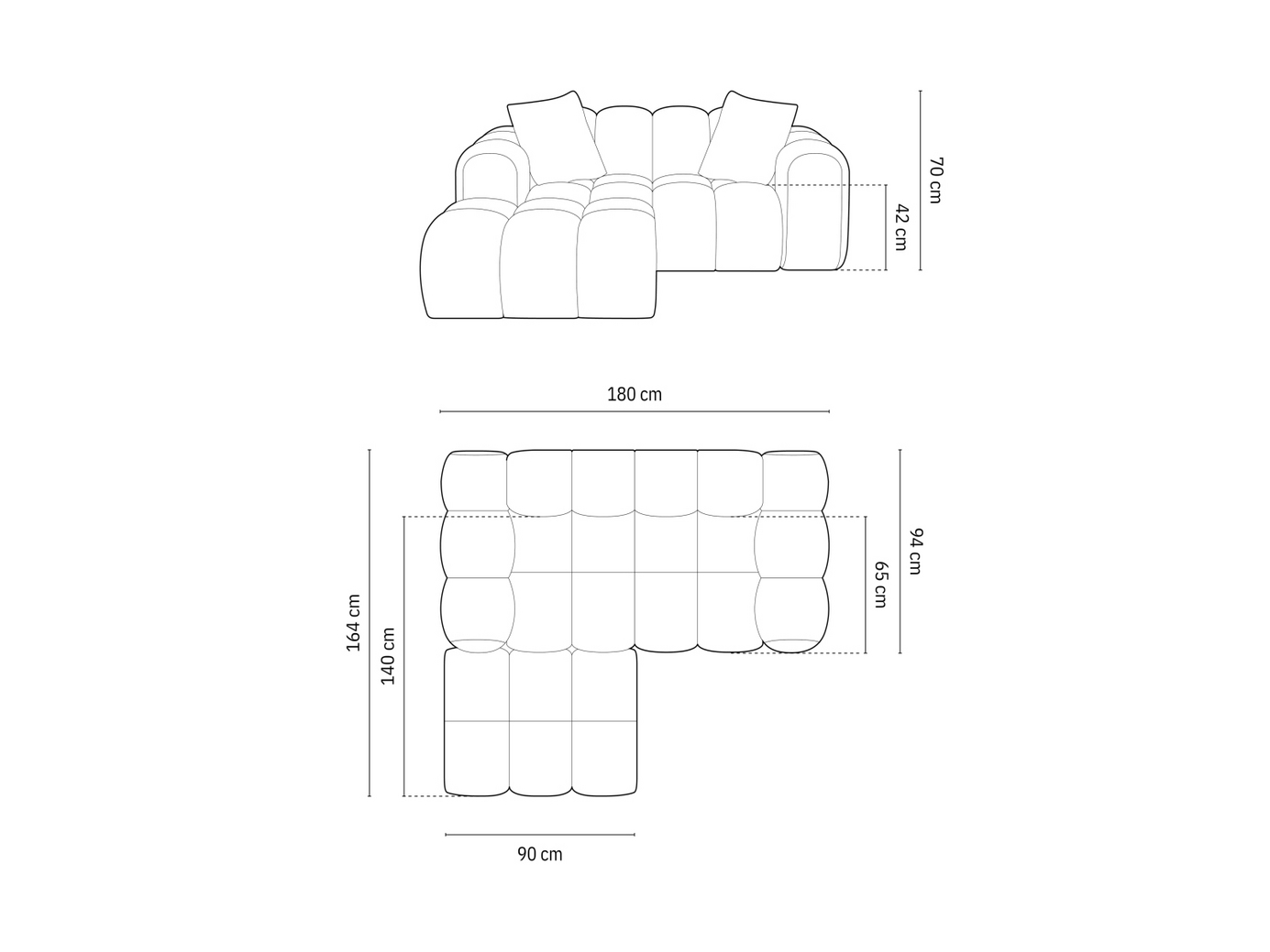 Cosmopolitan Design venstrevendt hjørnesofa, "Treno", 2-personers, 180 × 164 × 70 cm, Eden 10, sorte plastben