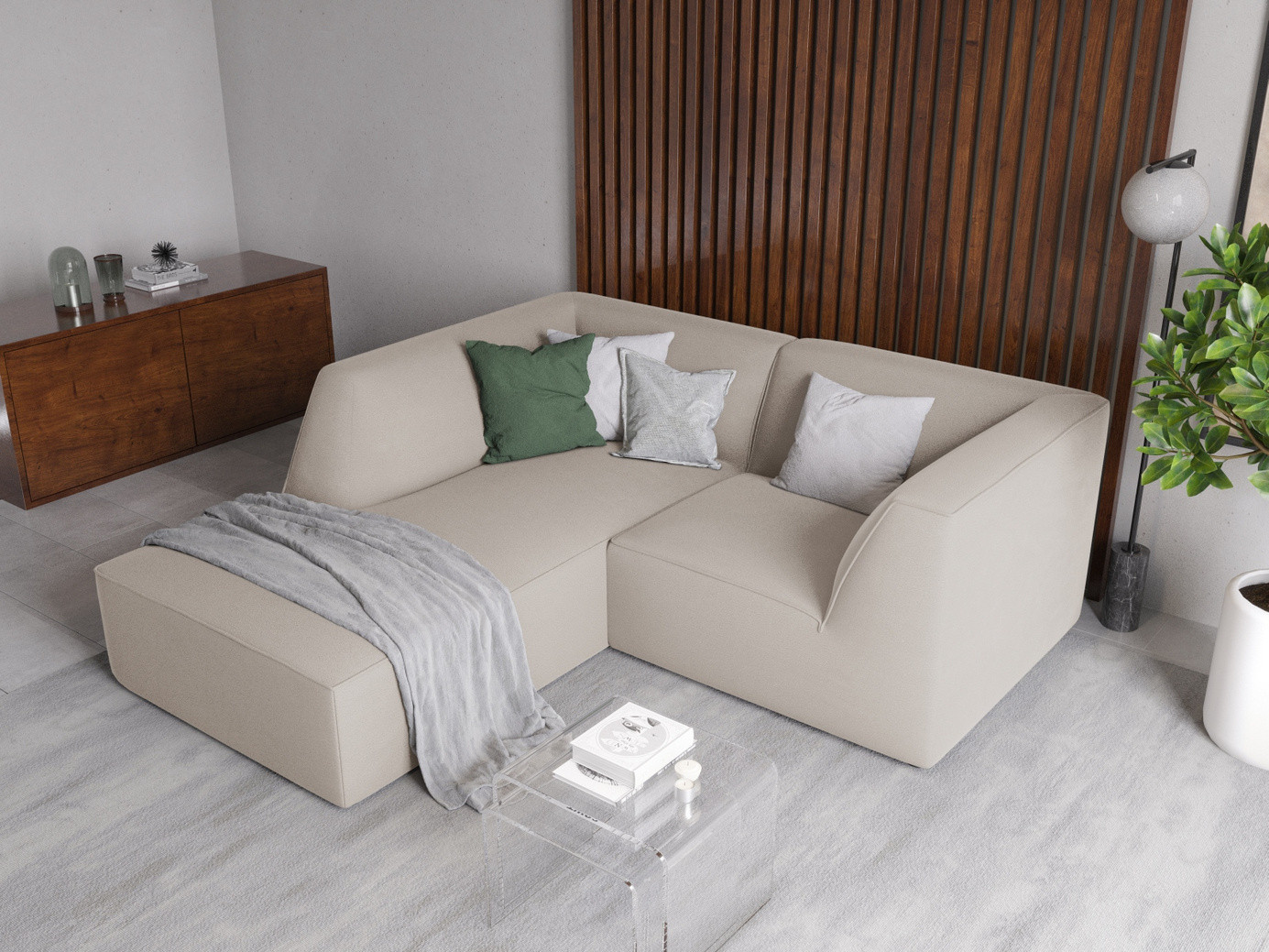 Cosmopolitan Design venstrevendt velourmodulhjørnesofa, "Siena", 3-personers, 186 × 180 × 69 cm, Salvador, sorte plastben, Variant LC_S_44
