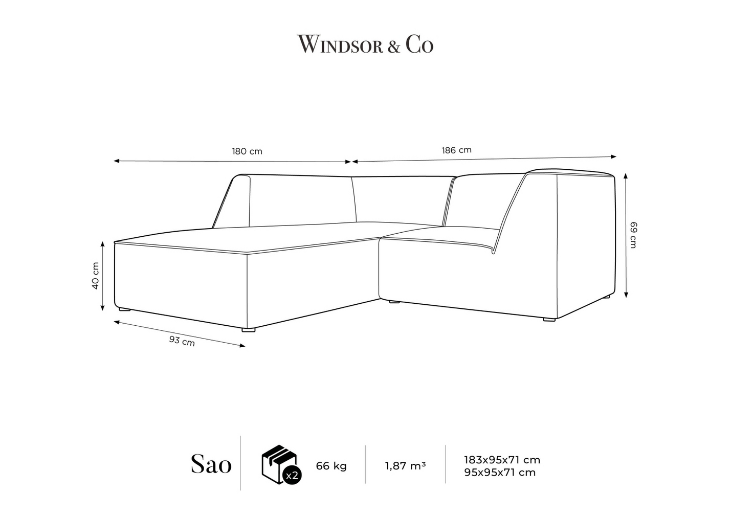 Cosmopolitan Design venstrevendt velourmodulhjørnesofa, "Siena", 3-personers, 186 × 180 × 69 cm, Salvador, sorte plastben, Variant LC_S_44