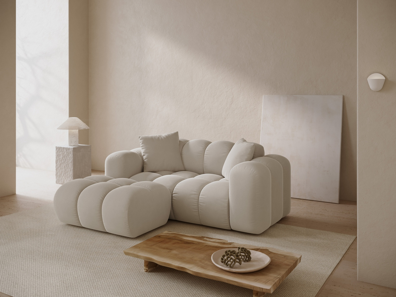 Cosmopolitan Design venstrevendt velourhjørnesofa, "Treno", 2-personers, 180 × 164 × 70 cm, Bluvel, sorte plastben
