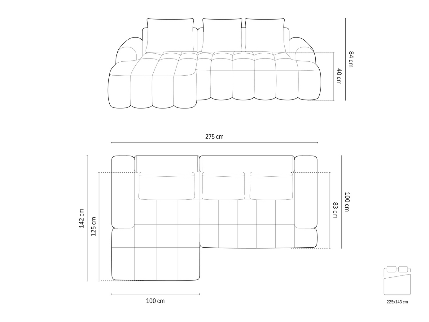 Cosmopolitan Design venstrevendt hjørnesovesofa med opbevaring, "Linz", 3-personers, 275 × 142 × 84 cm, Sorella, sorte plastben, Variant LCF_193