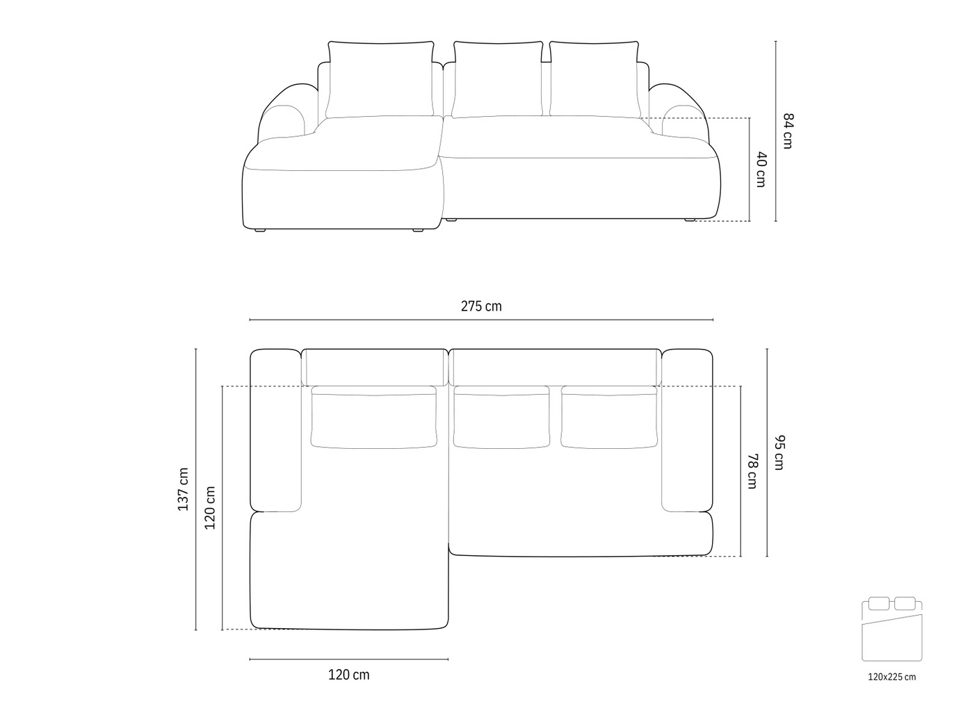 Cosmopolitan Design venstrevendt hjørnesovesofa med opbevaring, "Calma", 3-personers, 275 × 142 × 84 cm, Baltimore, sorte plastben
