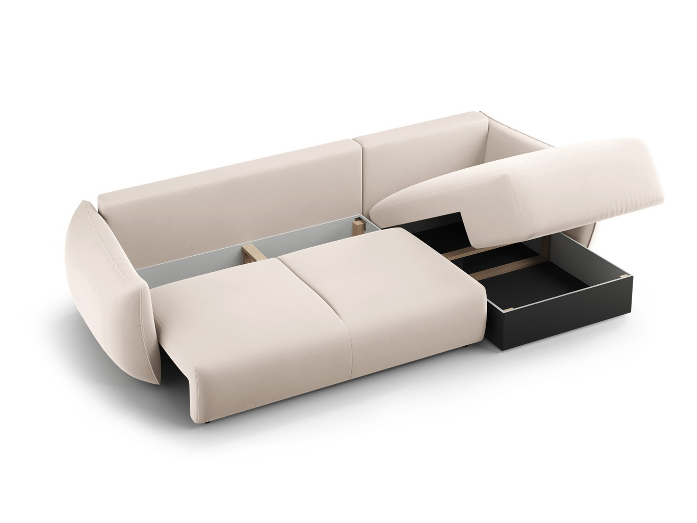 Cosmopolitan Design venstrevendt velourhjørnesovesofa med opbevaring, "Matera", 4-personers, 253 × 173 × 86 cm, Salvador, sorte plastben