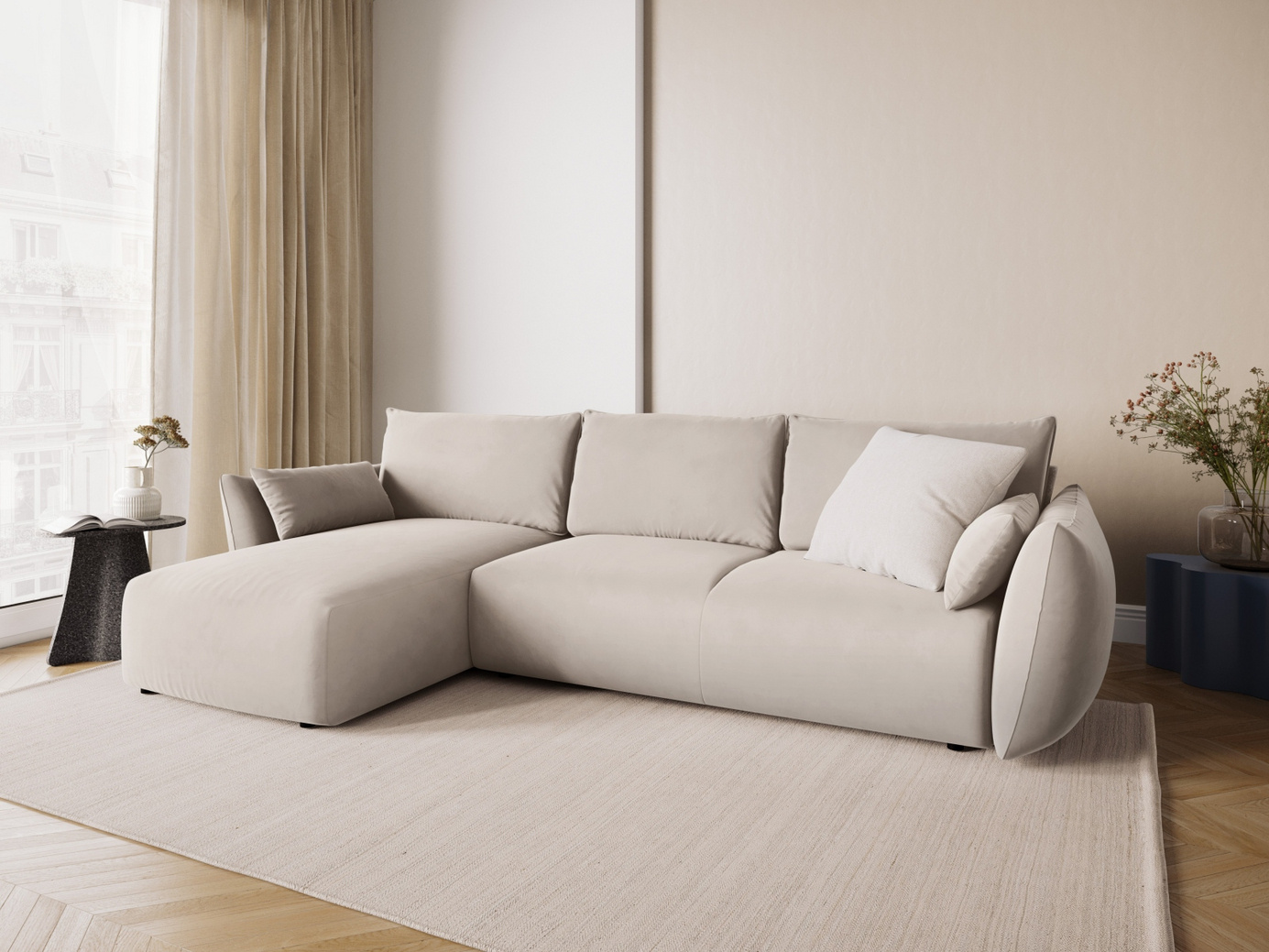 Cosmopolitan Design venstrevendt velourhjørnesovesofa med opbevaring, "Matera", 4-personers, 253 × 173 × 86 cm, Salvador, sorte plastben