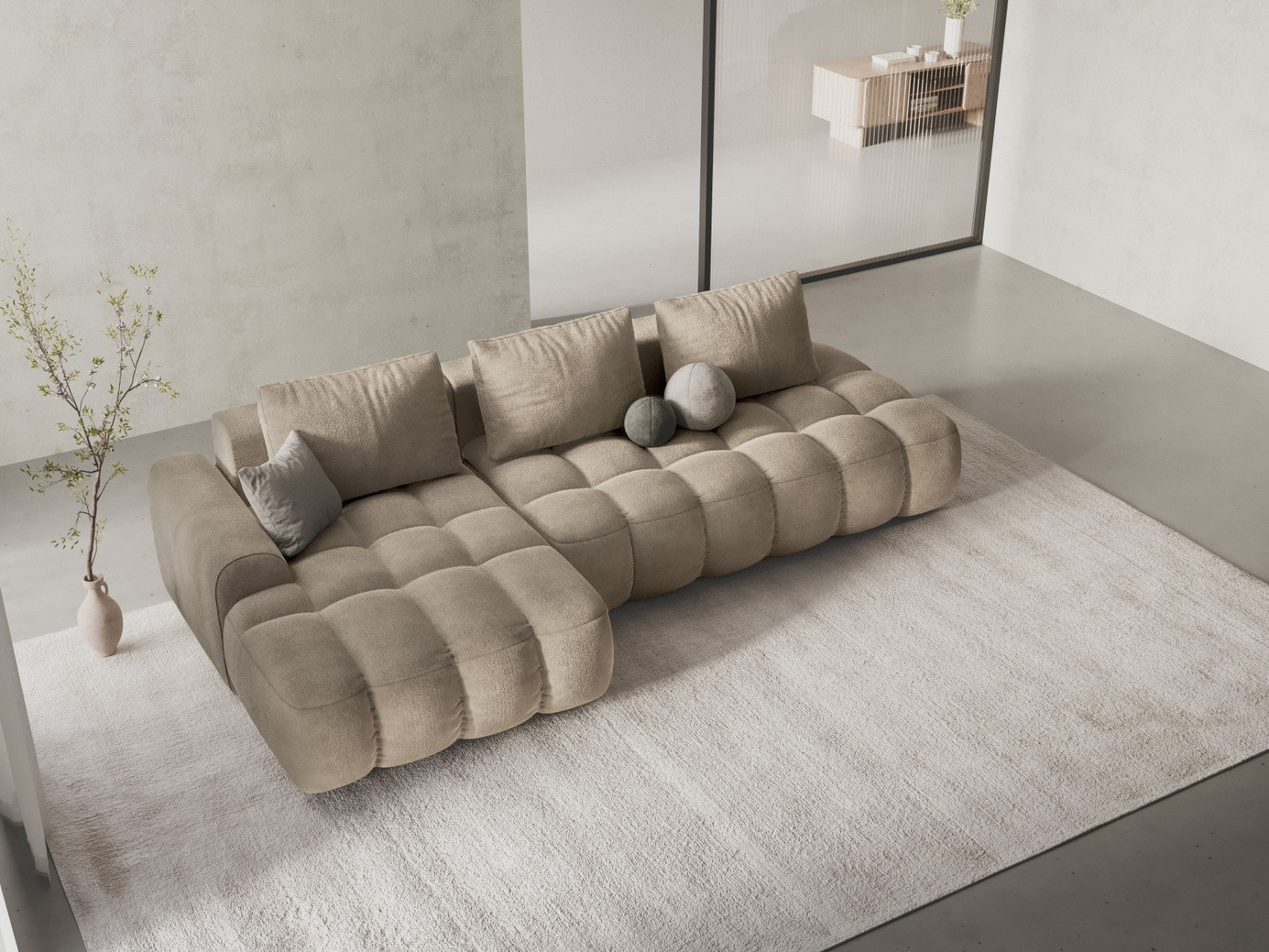 Cosmopolitan Design venstrevendt velourhjørnesovesofa med opbevaring, "Linz", 3-personers, 275 × 142 × 84 cm, Vogue, sorte plastben, Variant LCFO_120