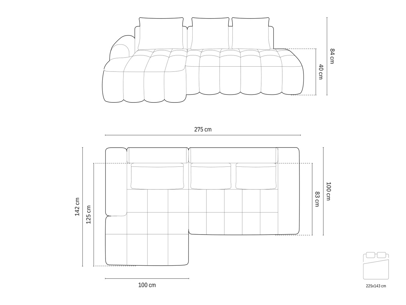 Cosmopolitan Design venstrevendt hjørnesovesofa med opbevaring, "Linz", 3-personers, 275 × 142 × 84 cm, Sorella, sorte plastben, Variant LCFO_193