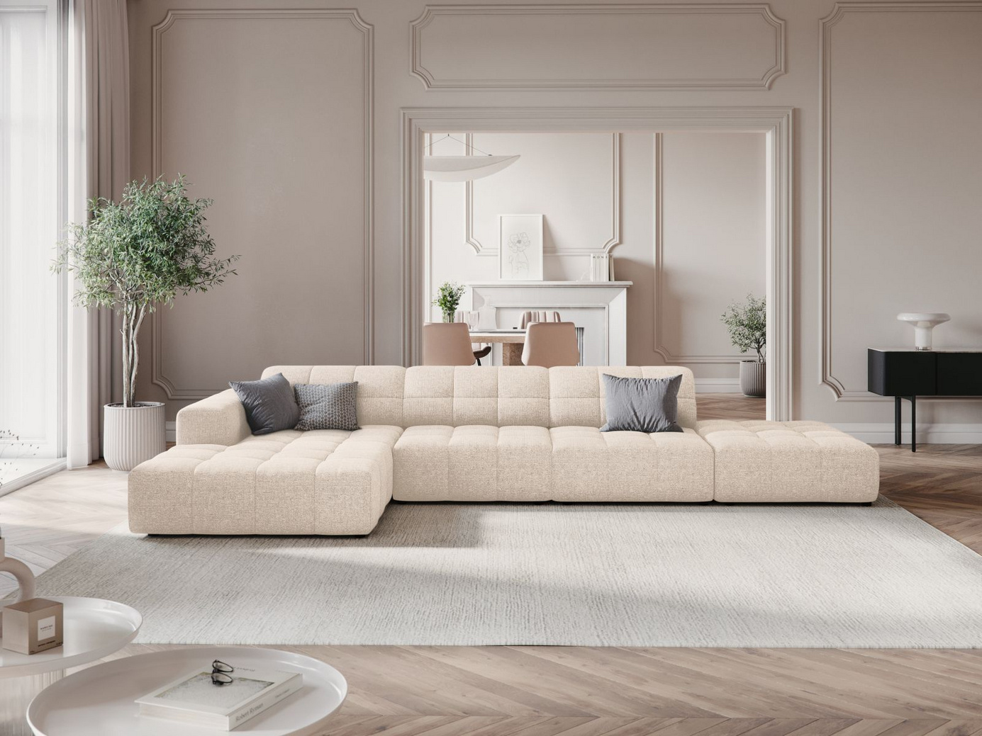 Cosmopolitan Design venstrevendt hjørnesofa, "Chicago", 5-personers, 348 × 167 × 78 cm, Haga, sorte plastben