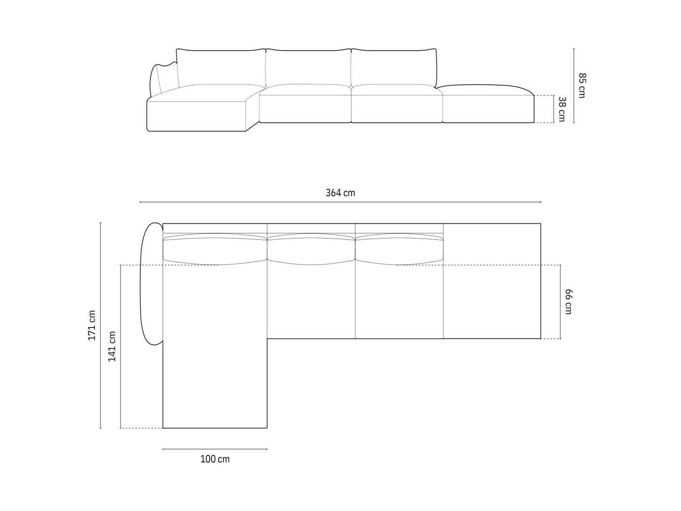 Cosmopolitan Design venstrevendt hjørnesofa, "Matera", 5-personers, 364 × 171 × 85 cm, Haga, sorte plastben