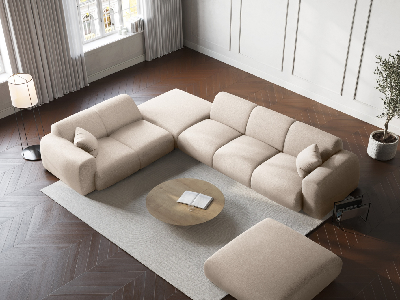 Cosmopolitan Design venstrevendt hjørnesofa, "Nolio", 4-personers, 315 × 250 × 72 cm, Haga, sorte plastben