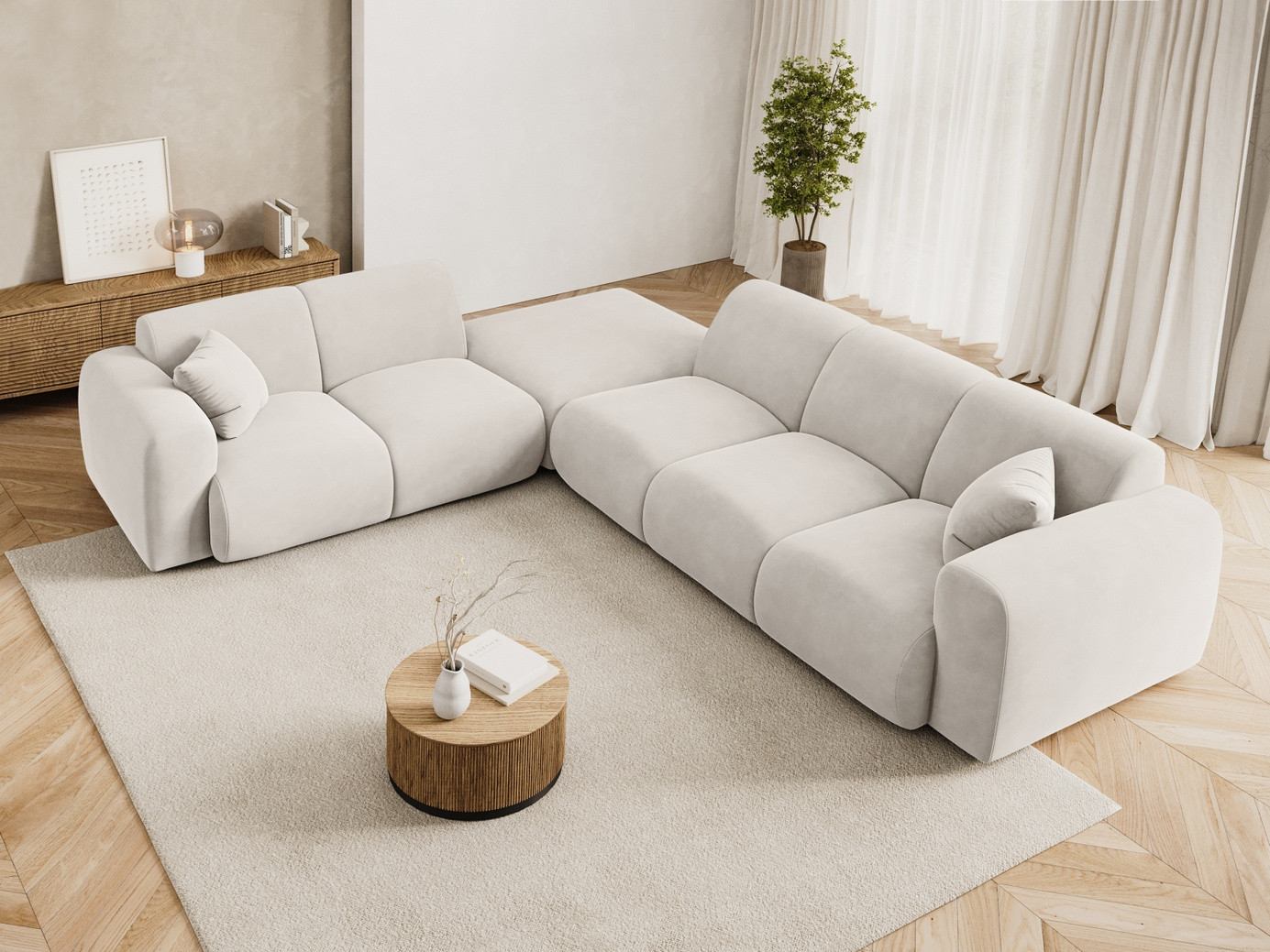 Cosmopolitan Design venstrevendt velourhjørnesofa, "Nolio", 4-personers, 315 × 250 × 72 cm, Casino, sorte plastben