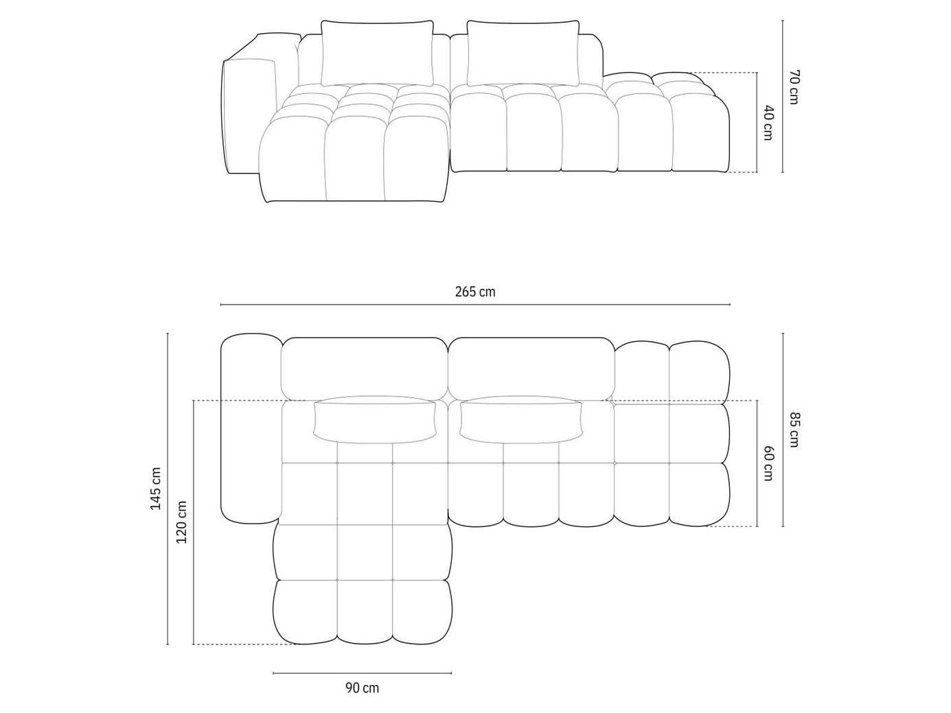 Cosmopolitan Design venstrevendt velourmodulhjørnesofa, "Verona", 4-personers, 265 × 145 × 70 cm, Casino, sorte plastben
