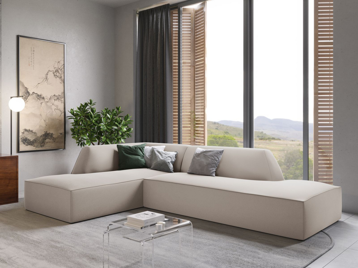 Cosmopolitan Design venstrevendt velourmodulhjørnesofa, "Siena", 4-personers, 273 × 180 × 69 cm, Salvador, sorte plastben, Variant LCO_44